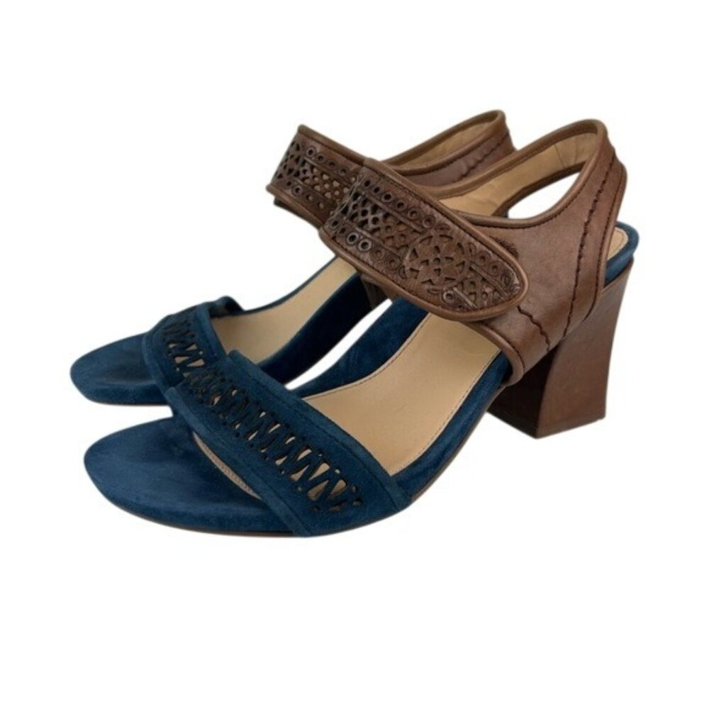 Earthies Asola Deep Navy Blue & Tan Block Heels JNN S15 Size 7.5B